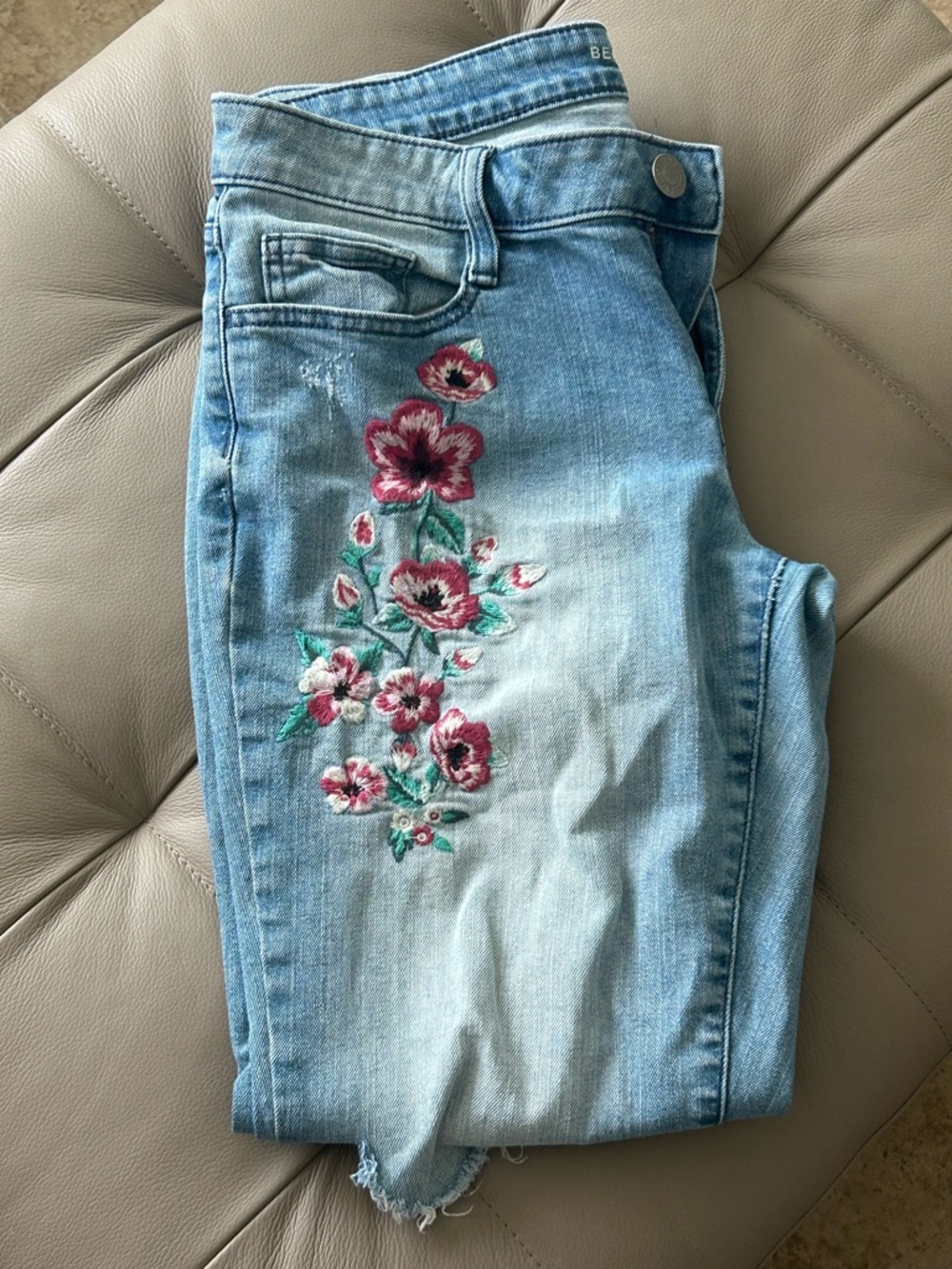 Elle Light Blue Boyfriend Jeans with Pink & Green Floral Embroidery